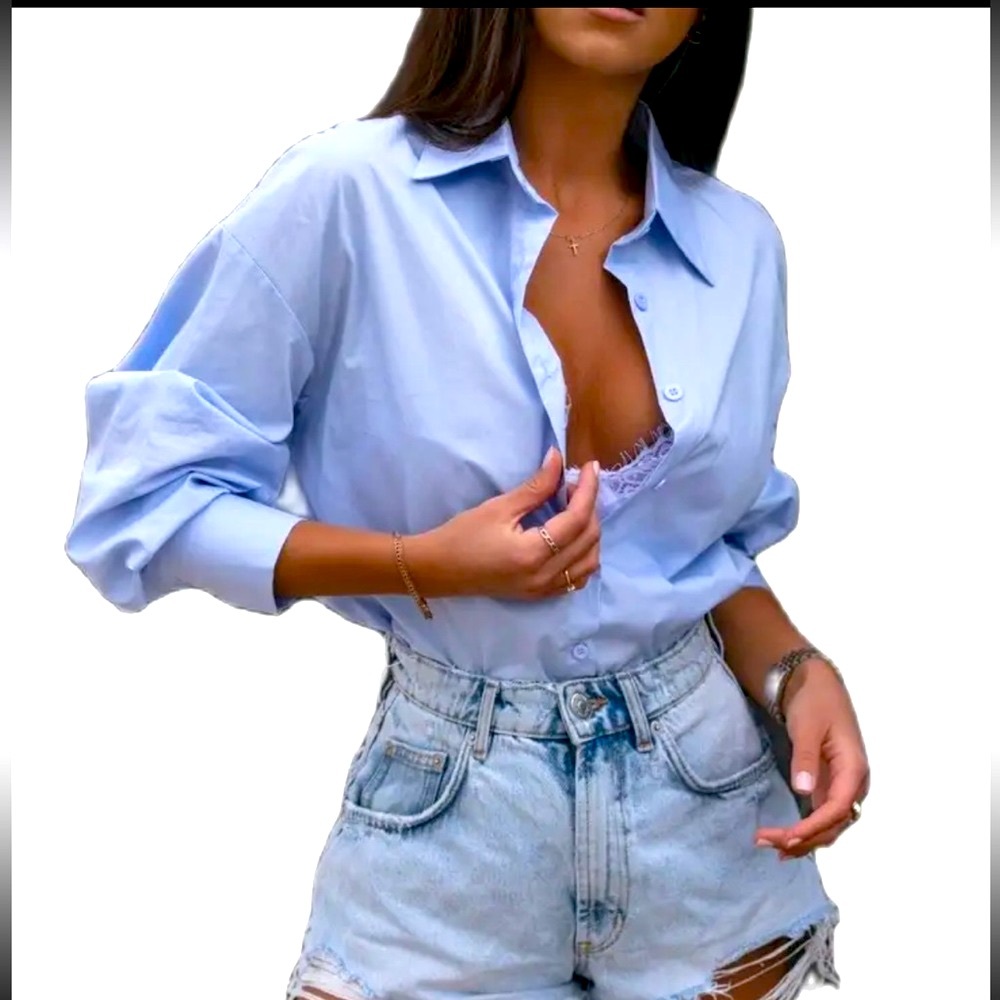 Classy sheik button down blue long sleeve business casual professional shirt